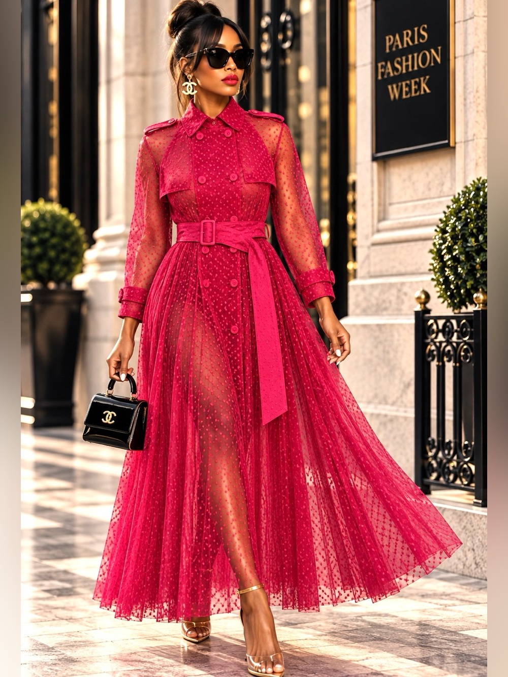 DOLAN Raspberry Sheer Polka Dot Tulle Trench Coat Belted S